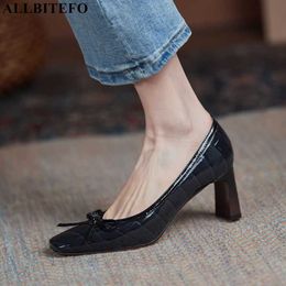 ALLBITEFO arc conception véritable cuir véritable femmes talons chaussures en peau de mouton semelle épaisse talon mode sexy talons hauts chaussures de base 210611