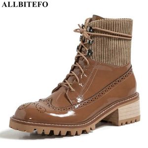 ALLBITEFO cross attaché en cuir véritable femmes bottes marque de mode chaussures à talons hauts bottines plate-forme imperméable bottes de moto 210611