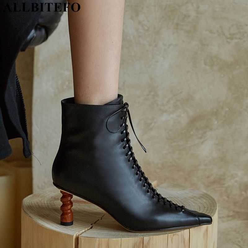 AllBITITEFO Moda Retro Hakiki Deri Seksi Yüksek Topuklu Ayak Bileği Çizmeler Kadın Ofis Bayanlar Ayakkabı Parti Woemn Topuklu 210611
