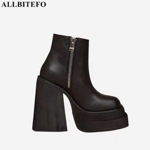 ALLBITEFO cuir véritable naturel femmes bottes plate-forme imperméable chaussure chaussures à talons super hauts bottes de moto pour femmes bottines 210611