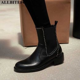 Allbitefo bout rond en cuir véritable femmes bottes marque de mode talons hauts bottines pour femmes chaussures de travail de bureau bottes de moto 210611