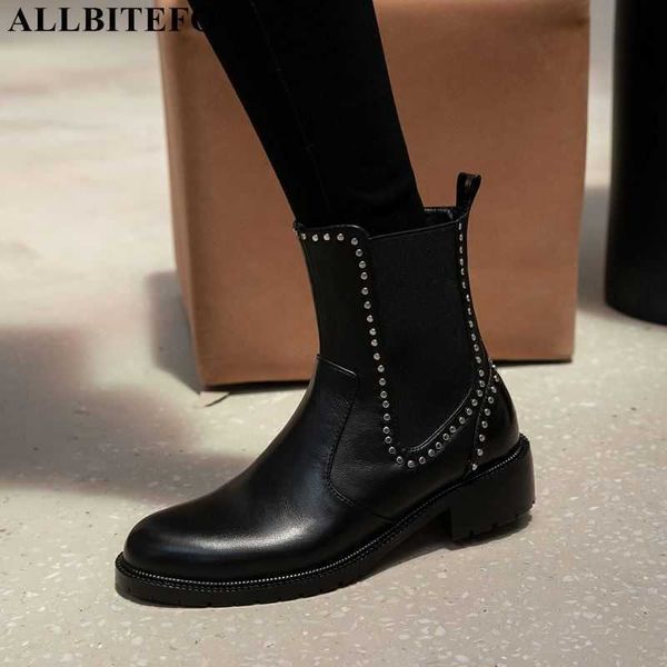 Allbitefo bout rond en cuir véritable femmes bottes marque de mode talons hauts bottines pour femmes chaussures de travail de bureau bottes de moto 210611