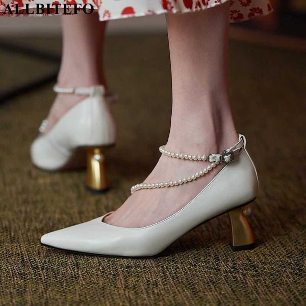 ALLBITEFO taille 33-43 or talon perle conception véritable cuir véritable chaussures à talons hauts mode sexy femmes talons parti chaussures de mariage 210611