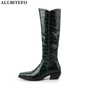 Allbitefo Maat 33-43 Hagedis Textuur Microfiber Dames Laarzen Mode Casual Herfst Winter Schoenen Dames Knie Hoge Laarzen Riding Boots 210611