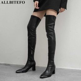 ALLBITEFO taille 33-43 bout en métal talon épais femmes sur les bottes au genou mode sexy cuisse bottes hautes chaussures à talons hauts bottes d'équitation 210611