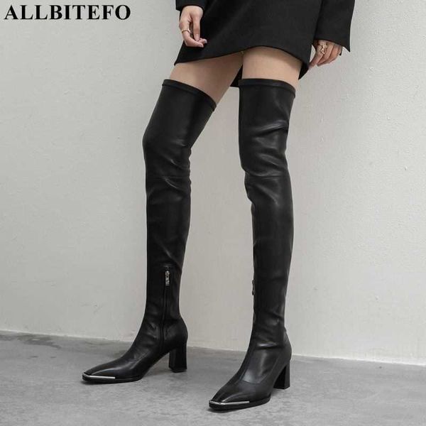 ALLBITEFO taille 33-43 bout en métal talon épais femmes sur les bottes au genou mode sexy cuisse bottes hautes chaussures à talons hauts bottes d'équitation 210611