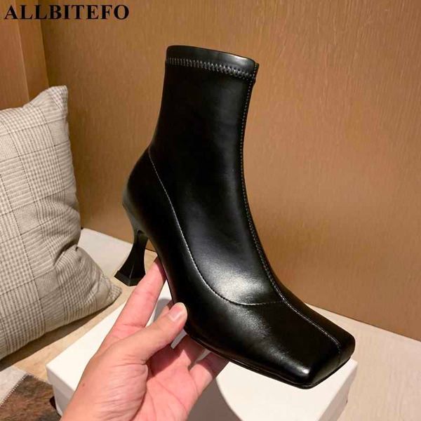 ALLBITEFO bout carré en cuir véritable + pu talons hauts femmes bottes hiver neige femmes anke bottes pour femmes bureau dames chaussures 210611