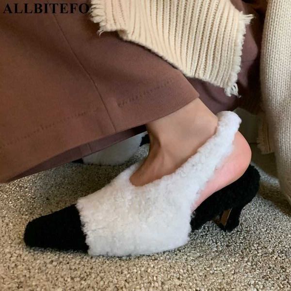 Allbitefo épais véritable laine hiver tongs chaudes en cuir de vache à l'intérieur de la mode sexy femmes talons femmes pantoufles chaussures à talons hauts 210611