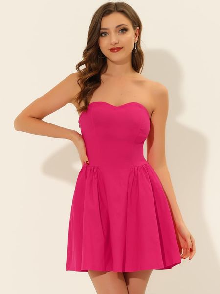 Allegra K Vestido de Fiesta Sexy sin Tirantes para Mujer, Mini Vestido sin Mangas con Cuello en Forma de corazón y Hombros Descubiertos