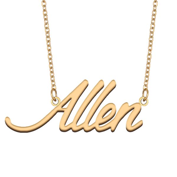 Collier avec pendentif Dieu avec nom Allen pour femme, cadeau pour petite amie, plaque signalétique personnalisée pour enfants, meilleurs amis, bijoux en acier inoxydable plaqué or 18 carats