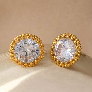 Allergisch gratis 18K geel goud vergulde grote bling ronde CZ Diamond Stone Stud oorbellen voor mannen vrouwen leuk cadeau voor vriend