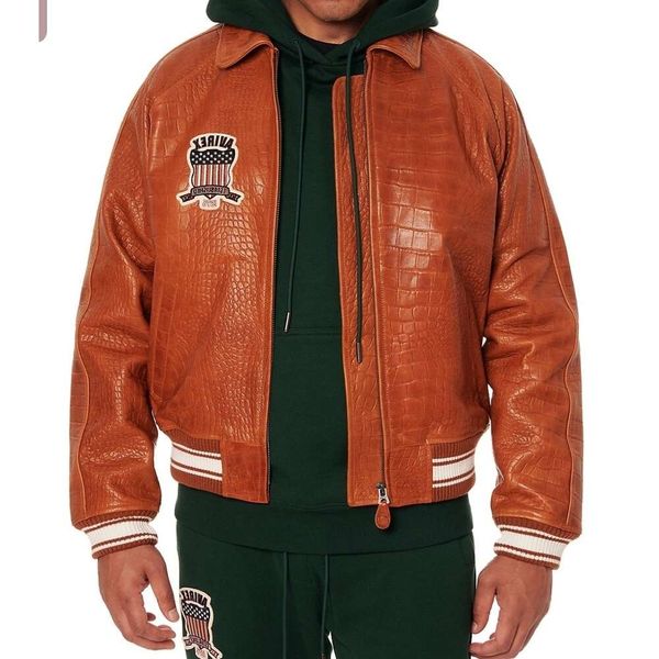 Chaqueta de cuero con bombardero de color naranja de cocodrilo EE. UU.