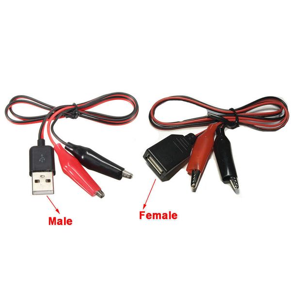 Pinces de Test crocodile, pince vers connecteur USB mâle/femelle, adaptateur d'alimentation, câble de 58cm, rouge et noir