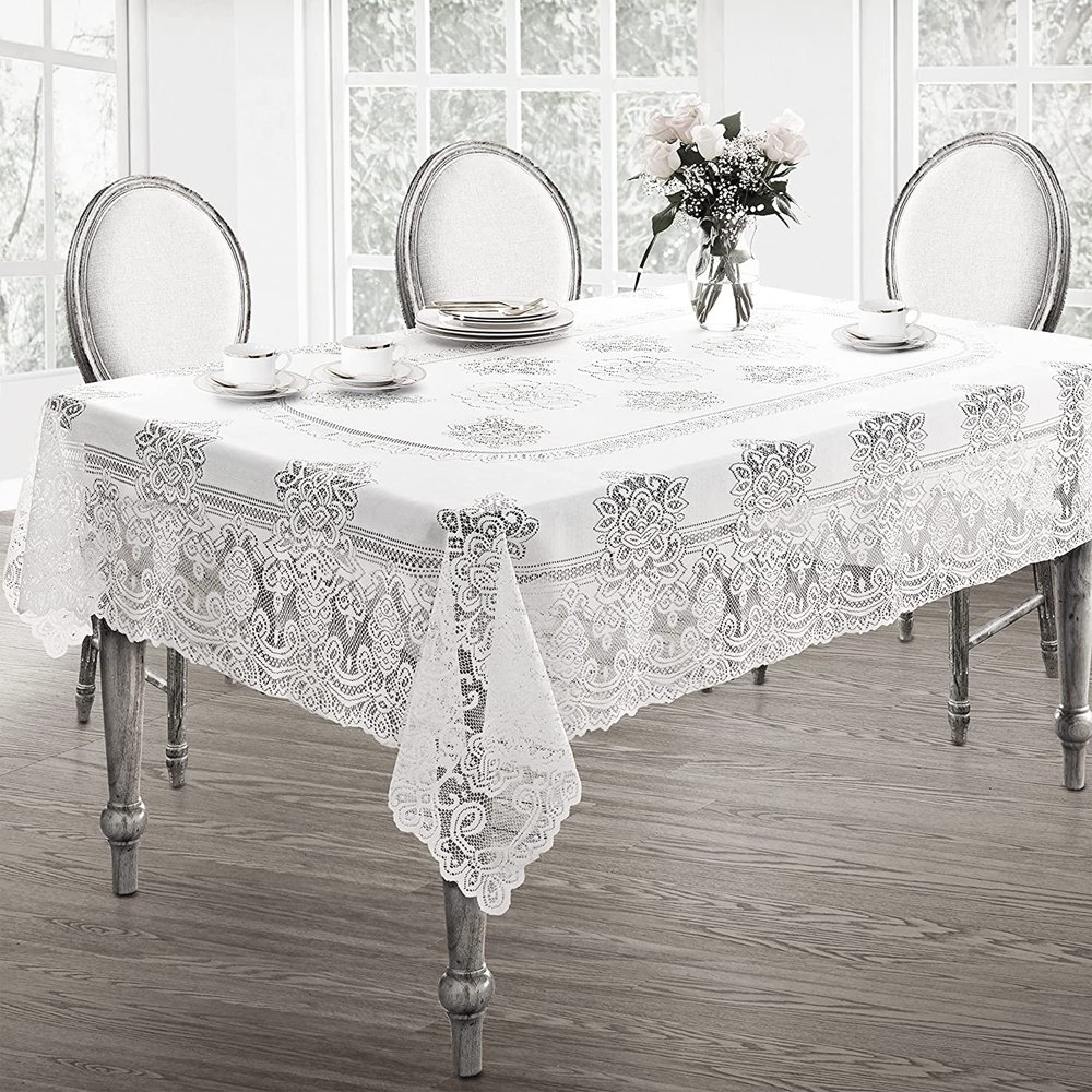 Allison Victorian Heirloom Lace Fabric Tablecloth, Vintage Scalloped Polyester Lace Tablecloth, 60 Inch x 102 Inch Oblong/Rectangle, White