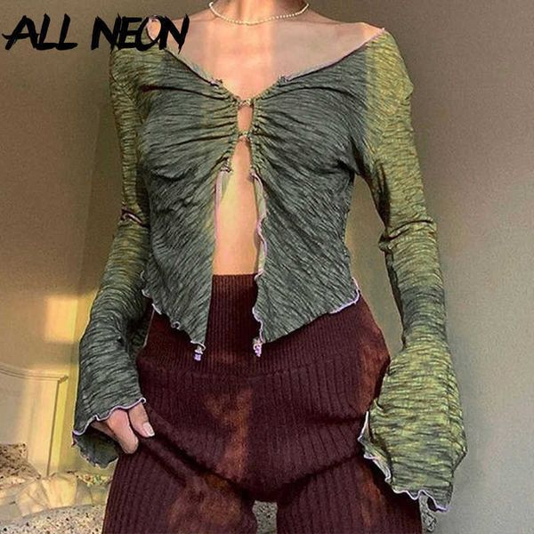 ALLNeon 90s Aesthetics Ruffles Button Vert T-shirts Y2K Fée Grunge Col en V Manches évasées Froncé Fente Crop Tops Sexy Tee Vintage Y0621