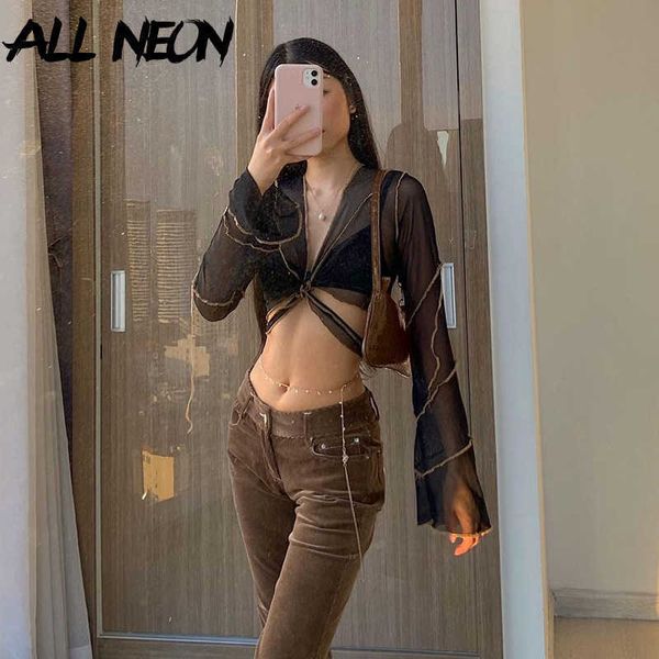 ALLNeon e-girl Estética Vendaje Negro Malla Crop Tops Pastel Goth Y2K Escote en V profundo Manga acampanada Patchwork Camisetas Trajes sexy Y0629