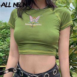 Allneon E-Girl Butterfly Graphic and Letter Printing Stitch Green Crop Tops Y2K Summer Grunge Style O-hals Korte mouw T-shirts Y0508