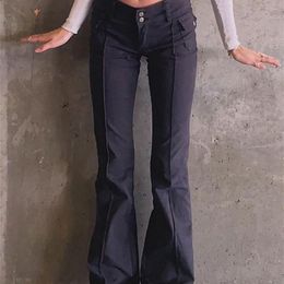 Allneon Indie Aesthetics Slim lage taille Flare Egirl Vintage Pockets Solid Y2K Pants Autumn 90s Fashion Black Trousers 220811