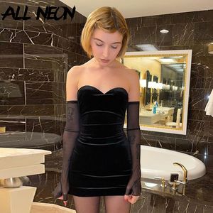 ALLNeon Mall Goth sin tirantes terciopelo negro vestidos e-girl estética fuera del hombro malla manga Mini vestido fiesta trajes sin espalda Y0118