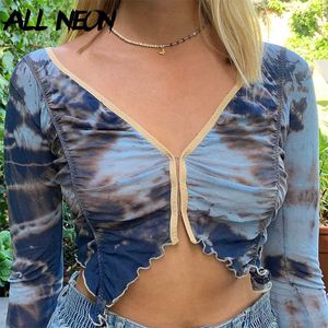 ALLNeon Y2K Estética Tie Dye Fruncido Crop Tops Vintage E-girl Cuello en V Manga larga Volantes Dobladillo anómalo Camisetas 90s Punk Tee Y0629