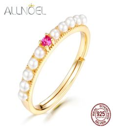 Allnoel 925 Sterling Silver Pearl Rings Red Corundum Gemstone 9K Gold Golde Vintage Fine Jewelry for Women9906398