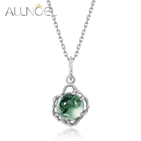 ALLNOEL 925 Sterling Sliver Pendentif Collier pour Femmes Naturel 8 * 8mm Vert Mousse Agate Unique Guérison Pierre De Mariage Bijoux Cadeau