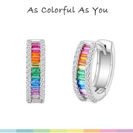 Allnoel Hoop oorbellen 925 Sterling zilver voor vrouwen kleurrijke regenboog kubiek zirkoon cz kristal kleine cirkel rhodium geplateerde sieraden 240418