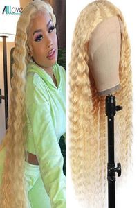 Allove 28-32 inch Peruaans recht menselijk haar Kanten voorpruiken 613 blonde kleur Braziliaans kinky krullend lichaam diep los voor dames4889096