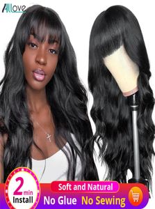 Allove Braziliaanse Body Wave losse, diepe krullende pruiken van echt haar met pony Peruaans recht Kinky krullend Geen kanten pruiken Indiaas haar Ma8623850