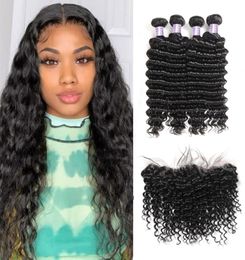 Allove cheveux vague profonde 4 pièces paquets de cheveux avec 13x25 oreille à oreille fermeture frontale en dentelle paquets de cheveux humains bouclés profonds avec fermeture 4628775