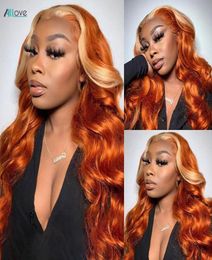 Allove Orange gingembre blond 613 perruque colorée droite pré-épilée frontale 13x4 13x1 T partie perruques de cheveux humains Transparent HD dentelle Fron8862016