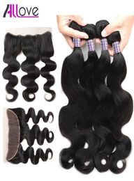 Allove Extensiones de tramas enteras 8A Onda del cuerpo brasileño con cierre frontal de encaje 13x4 4 piezas Paquetes de cabello humano virgen tejidos para 5915865