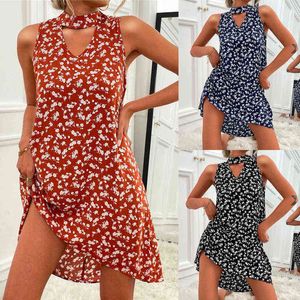 Allover Print sans manches Halter Neck Dress Summer V Neck Print Dress Mini Beach Wear Ruffles Dress Femme Vêtements pour 2022 Nouveau G220510