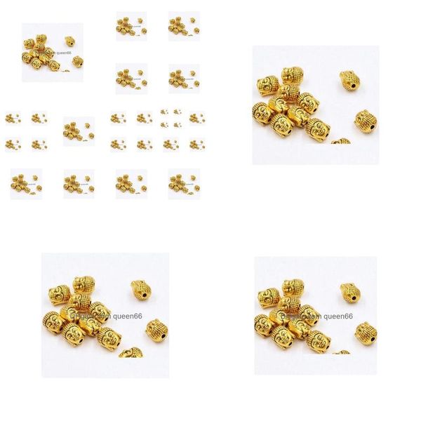 Alliage 100pcs / lot plaqué or tête de bouddha perles d'espacement charmes pour la fabrication de bijoux bricolage 10x8 mm livraison directe bijoux perles en vrac Dhdch