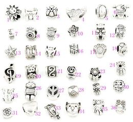 Legering 140styles 925 zilveren grote gat kralen voor europese pandora charme armbanden ilia biagi metalen losse kralen sieraden DIY 140pcs / lot poot hond sneeuwvlok ster hart moeder uil