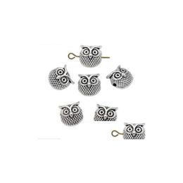 Alliage 200 pièces/lot de perles de hibou en alliage, breloques d'espacement, plaqué argent Antique pour la fabrication de bijoux, bricolage, 11x11mm, livraison directe de bijoux en vrac B Dha1H