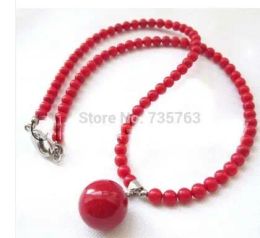 Collier de perles rondes en corail rouge naturel pour femmes, bijoux de mariée charmants en alliage, pendentif en perles de coquillage de mer de 14mm, AAA, 6mm