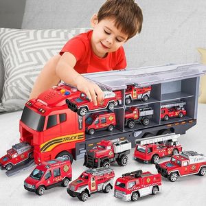 Legering Model Auto Kinderen Speelgoed Grote Container Transporter Set met 13 Stuks Mini Techniek Voertuig Brandweerwagen Racing kinderen Geschenken 240110