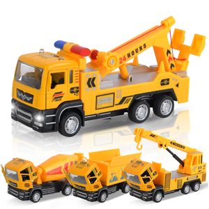 Diecast legering Model Cars Kids Toys Mini Crane Rescue Trailer Dumper beton Truck Boy Toy Engineering Trucks met geluidslichten Pull-Back Functie Kid Verjaardagscadeaus