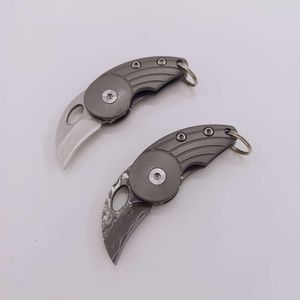 Legering Damascus Titanium Handle Key Outdoor zelfverdediging Vouw Opening Mes 2D087B