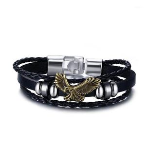 Bracelet en alliage d'ornement d'aigle en cuir, corde à main pour hommes, bijoux tissés en hématite noire