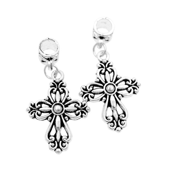 Aleación de filigrana corazón cruz gran agujero grano religioso encanto cuentas plata antigua ajuste Pandora joyería DIY pulseras europeas brazaletes B425 20.5x38.7mm 20pcs / lot