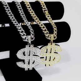 Grand pendentif en alliage de diamant en dollars américains avec grande chaîne en or et collier cubain de style hip-hop