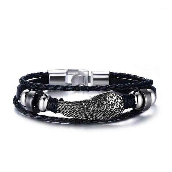 Pulsera de cuerda de mano de cuero con alas de aleación para hombre, brazalete de regalo de joyería tejida única de hematita negra