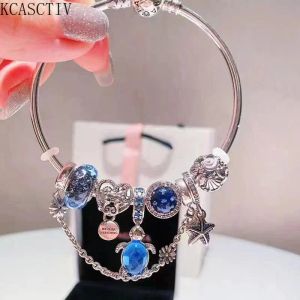 Pulsera de aleación para mujer, colgante de copo de nieve, estrella del océano, cuentas sueltas de cristal azul, pulsera de gama alta, joyería para mujer al por mayor