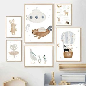 Allpapers Boho Cartoon Wall Art Poster Bear Rabbit Elephant Panda Goose Nursery Canvas Painting and Prints Wall Pictures Baby Room J240505