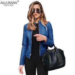 Allukasa Mode Femmes Pu Cuirs Manches Longues Manteaux Dame Casual Automne Hiver Cardigan À Fermeture Éclair Streetwear Élégant Cuir Veste 220813