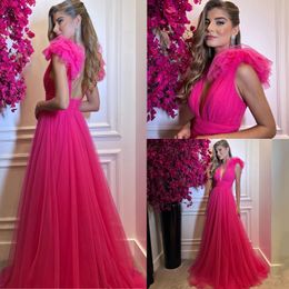 Robe de soirée en Tulle à volants, rose vif, Orange, col en V, à plusieurs niveaux, grande taille, robes de bal, ligne A, pour occasions spéciales, 2023