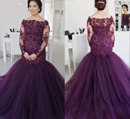 Robe de soirée de bal violet séduisant pour les femmes de taille plus 2022 hors épaule illusion à manches longues en dentelle sirène ruine 8263794