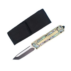 Couteau tactique automatique de haute qualité 440C Noir Bicolore Tanto Point Blade Alliage d'aluminium / Coquille d'ormeau Poignée EDC Couteaux de poche avec sac en nylon Cadeau de Noël